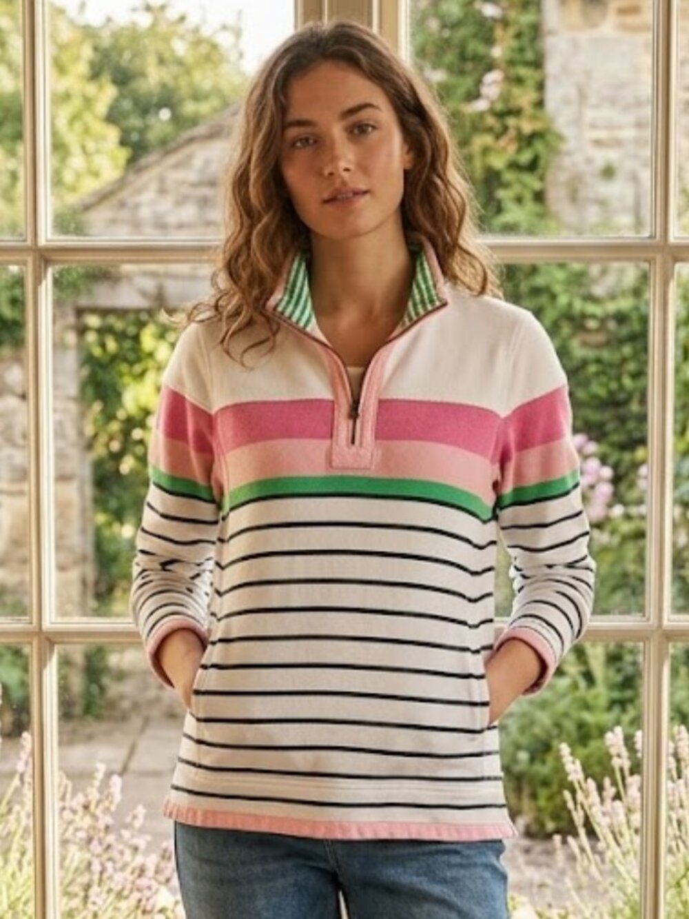 FatFace Airlie Quarter Zip Sweatshirt Women's 6 Pink Stripe Pullover Cozy 90s